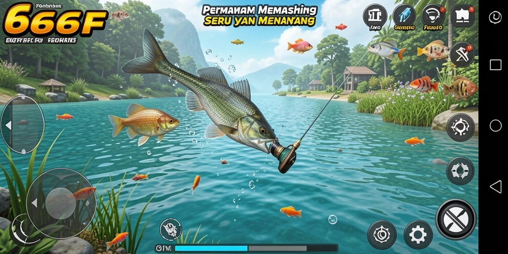 Gameplay menarik dalam 666F saat menangkap ikan di danau.