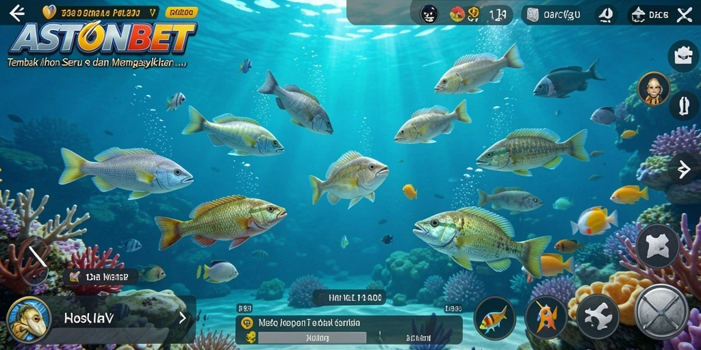 Screenshot gameplay ASTONBET dengan tampilan ikan yang berwarna-warni.