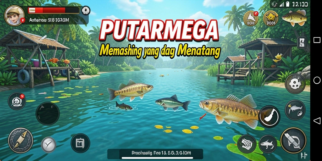 Screenshot PUTARMEGA menampilkan gameplay menarik saat menangkap ikan.
