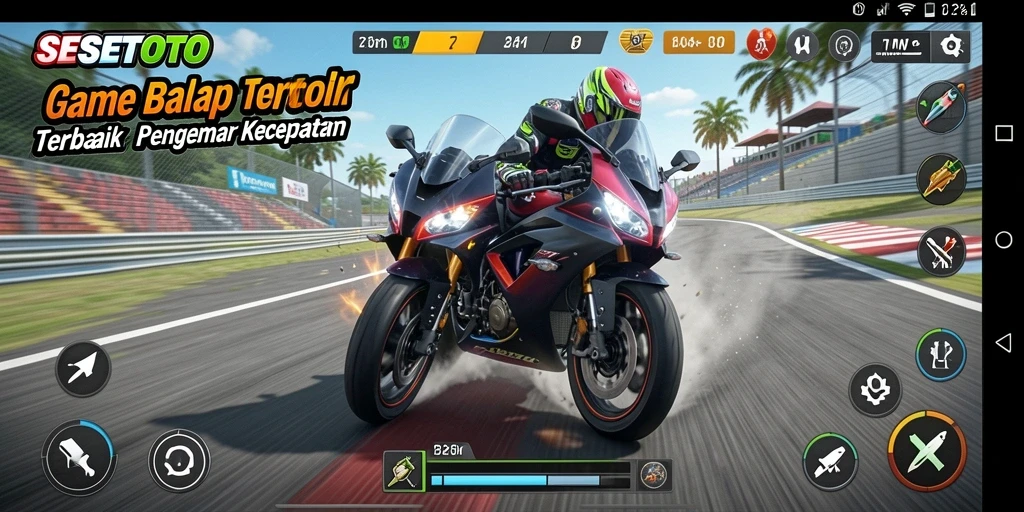 Tampilan gameplay menegangkan dari SESETOTO dengan aksi balapan motor.