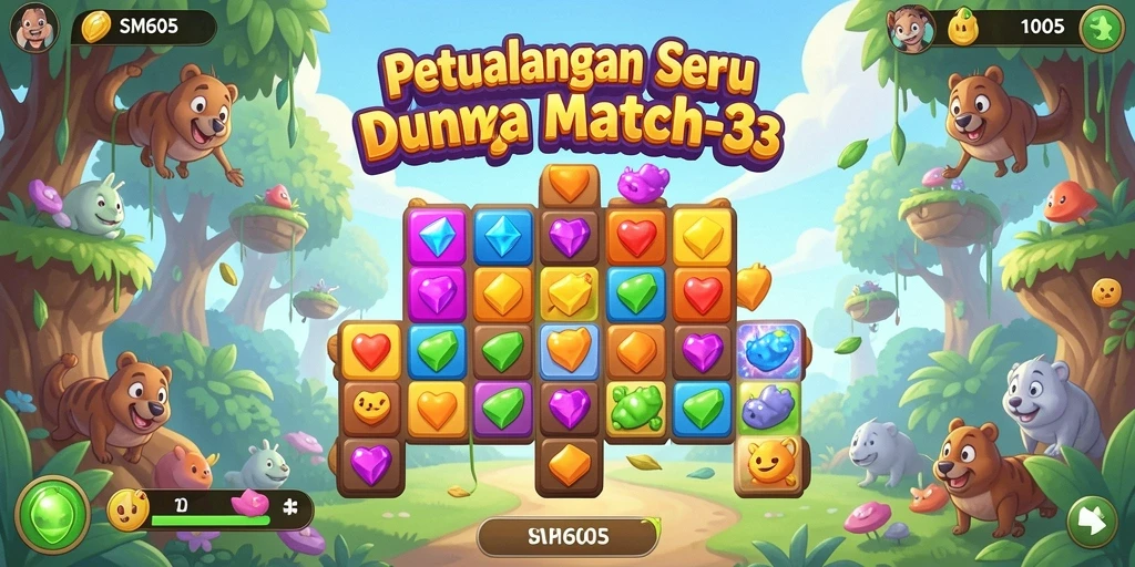 Tampilan gameplay Match-3 yang menarik dan penuh warna dari SM605.